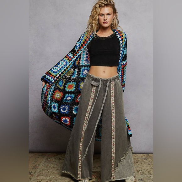 POL Boho Crochet Cardigan Turquoise & Black Granny Square Sweater - Picture 8 of 8